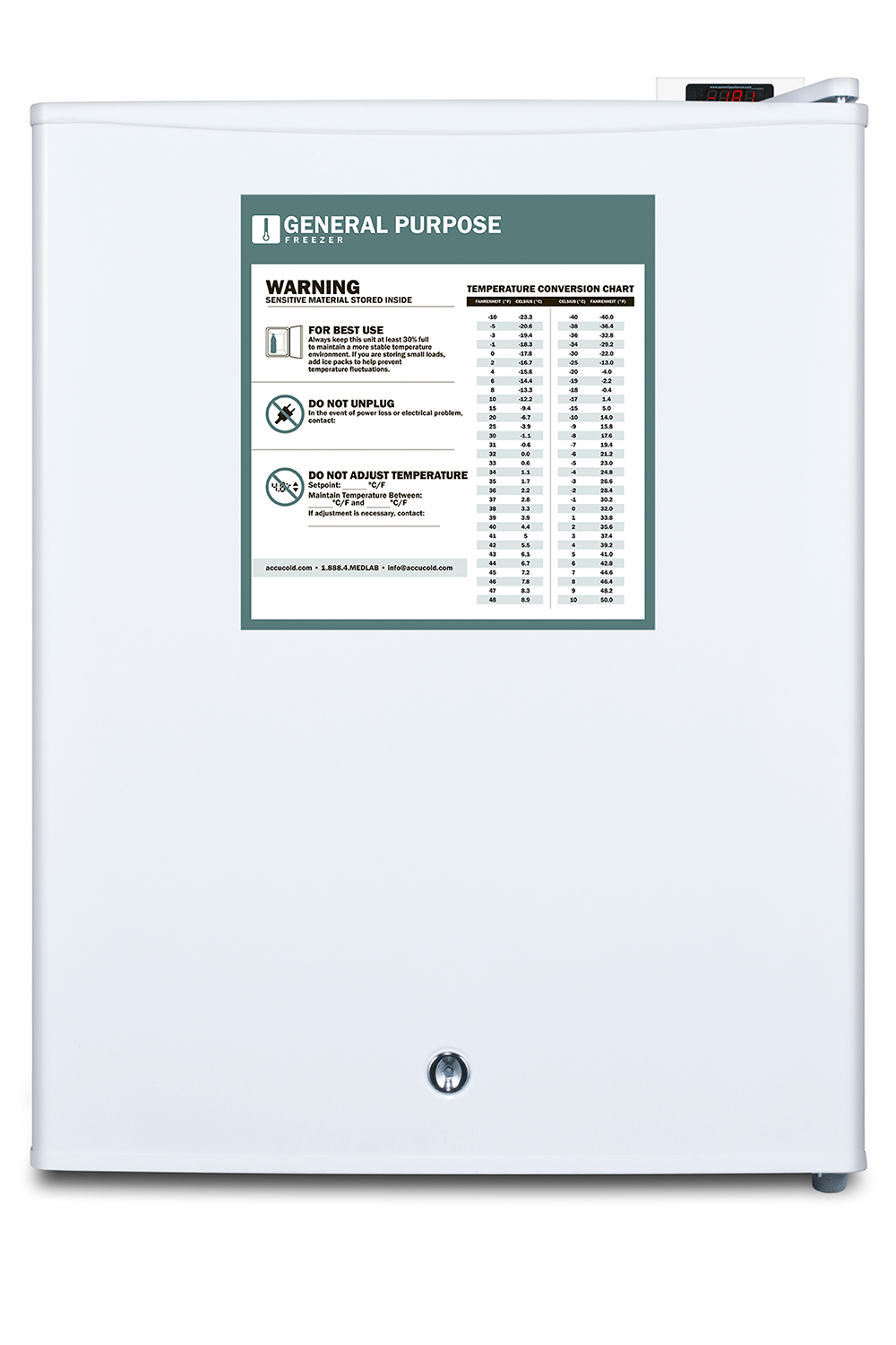 Compact manual defrost all-freezer for general purpose use, with lock and reversible door